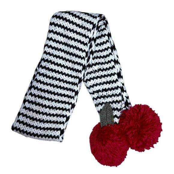 Kate Spade Chunky Knit Skinny Scarf Cherry Pom Winter Scarf Black & White OS - Picture 3 of 8